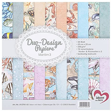 Ideen mit Herz Duo-Design-Papiere | Block mit 20 Blatt Bastelpapier | 25 x 25 cm | 250g/m² | beidseitig bedruckt | Designpapier, Motivpapier | ideal für Scrapbooking, Basteln (Maritim 03)