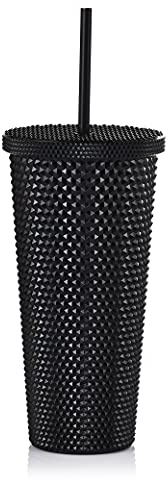 ALINK Studded Tumbler with Lid and Straw, Reusable Cup with Straws Lids, Plastic Water Bottle, Iced Coffee Travel Mug Cup - Black