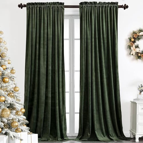Benedeco Blackout Green Velvet Curtains for Bedroom Window, Light Filtering Drapes for Living Room Darkening Soundproof Thermal Curtain Rod Pocket 52 x 108 inches Long Length Set of 2 Panels