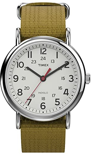 Timex Unisex Weekender 38mm Watch – Silver-Tone Case White Dial with Olive Fabric Slip-Thru Strap