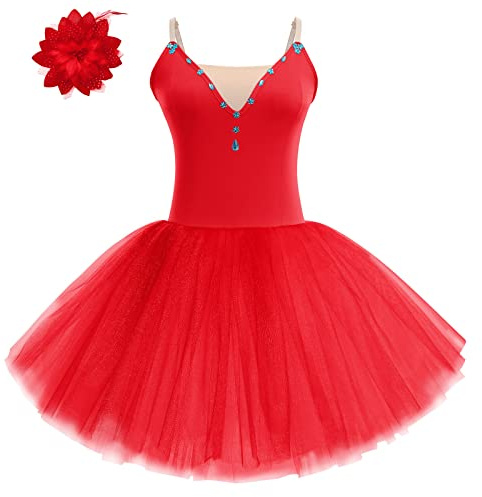 OBEEII Femme Fille Tutu Justaucorps Danse Classique Leotard Ballet Robe Danse Gymnastique à Paillettes Tulle Robe Rouge Small