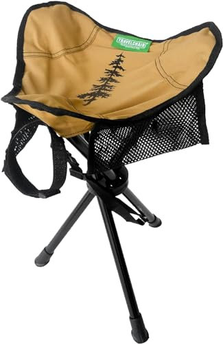 Travel Chair Slacker Tripod Chair for Camping, Lightweight Chair, Adjustable Carry Strap for Easy Transport Made with Recycled Fabric Perfect for Outdoor Adventures, Repreve (Brown/Khaki)