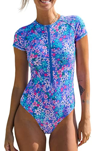 CUPSHE Traje de baño de una pieza para mujer, cuello alto, cremallera, manga corta, Flores moradas y azules. Large (DAA12G3E001VVL)