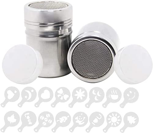 PIQIUQIU 2 spargitore in polvere in acciaio inox con 16 stencil per caffè, shaker in polvere per caffè in polvere