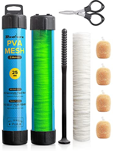 Realure 5M PVA Netz Angeln Set mit Schere, 18mm 25mm 37mm 44mm Breit PVA Mesh Karpfen Zubehör mit Trichter & Stößel System, Schnelles Schmelzen Beutel Angeln Bags für Boilie Köder Futter