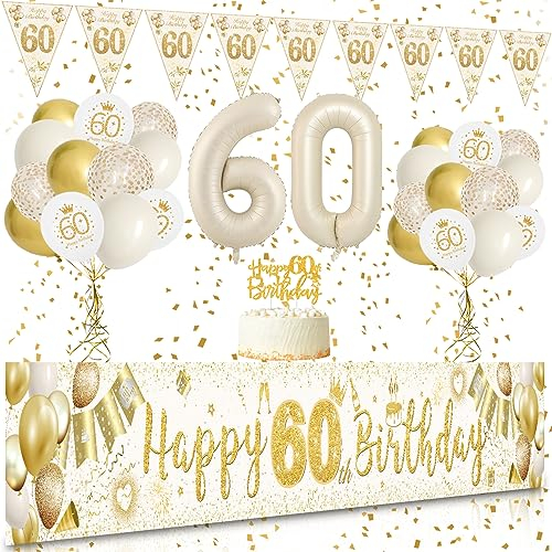 60 Geburtstag Frau, VICTERR Sandweiß Gold Deko 60 Geburtstag Frau und Mann Geburtstagsdeko Set, Lange Größe Happy 60th Birthday Banner Hintergrund 274×37cm, Girlande Wimpel Konfetti Luftballons