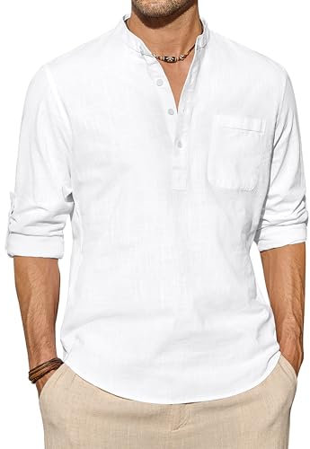 J.VER Mens Henley Linen Shirt Casual Grandad Collar Long Sleeve Shirt Lightweight Summer Cotton Beach Shirts with Pocket White M