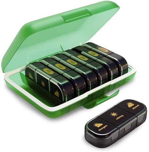 XL OWeise Tablettenbox Set: Große wöchentlicher Pillenbox für 7 Tage mit 3 Fächer + Kleine Pillendose mit 3 Fächer für die Reise. Deutsch