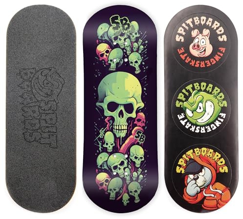 SPITBOARDS Tastiera da 34 mm, in vero legno (5 strati), classica forma di ghiacciolo, dimensioni: 34 x 96 mm, tavola grafica singola (Real Wear), concavo ottimizzato, teschio verde lime