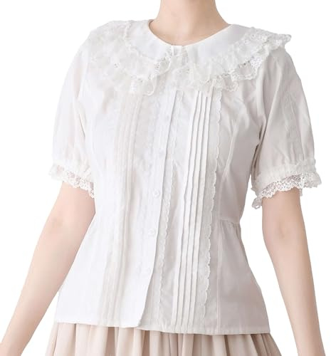 Lolita - Blusas de manga corta para mujer, cuello Peter Pan, estilo victoriano, vintage, kawaii, con cordones, volantes, a la moda, para el verano, Blanco, S