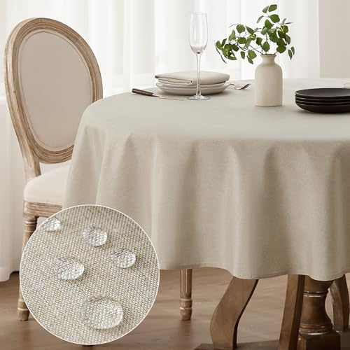 Softalker Bordsduk, rund, 160 cm i diameter, beige, tvättbar, för utomhus, vattenavvisande, med linneutseende, trädgårdsduk, för camping, bröllop och födelsedag