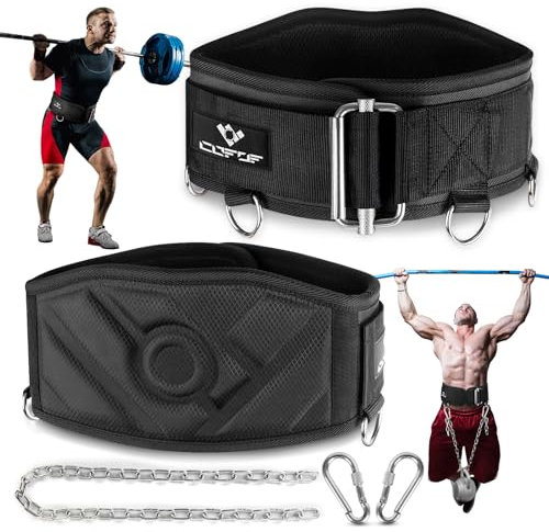 COFOF 2 IN 1 Dip Gürtel, Selbstverriegelnde Sicherheitsschnalle Gewichtsgürtel mit 103cm Lange Kette und 2 Karabiner, Klimmzug Gürtel für Bodybuilding, Krafttraining, Gewichtheben (Schwarz, M)