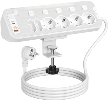 Tischsteckdose mit USB C, PD 20W Steckdosenleiste Schreibtisch Einzeln Schaltbar, 6 Fach Mehrfachsteckdose Überspannungsschutz Tisch Steckdose mit Schalter Steckerleiste Ecksteckdose 2M Kabel, Weiß