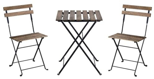 LOLAhome Set Muebles de Balcón Completo | Mesa y 2 Sillas Plegables, de Madera y Acero Negro | Tratamiento Anticorrosión y Madera Sostenible | para Jardín, Terraza o Balcón | Sirio