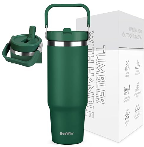 BesWin Thermobecher 30oz Edelstahl Trinkflasche mit Strohhalm - 0.89 Liter Trinkbecher mit Henkel auslaufsicher - Flip Straw Tumbler - Doppelwandige Vakuumisolierung - Hält 10+ Stunden Kalt - Wald