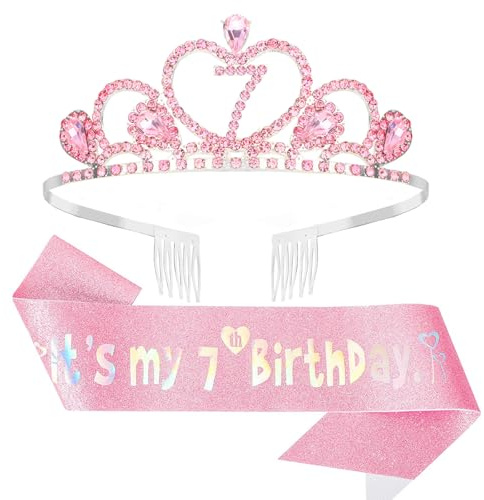 Lilbitty Set di Corona di Compleanno Rosa con Tiara e Fascia per Ragazze - Corona da Principessa per Il 7° Compleanno, Perfetta per Feste e Celebrazioni