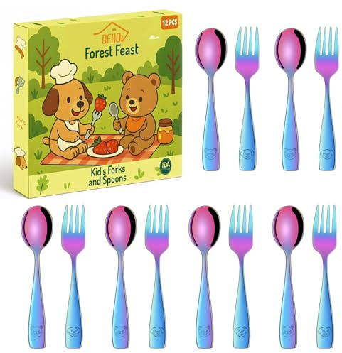 Toddler Forks and Spoons Set of 12, Colorful Rainbow Stainless Steel Kid's Cutlery Set, Metal Cute Kids Dining Utensils Set, Children Spoon and Fork Set