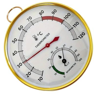 Termómetro Higrómetro para Sauna – Hidrotermómetro de Metal de 10 cm | Medidor de Temperatura y Humedad para Sauna, Baño, Baño de Vapor, Piscina y Spa | Pantalla Mecánica, Sin Batería