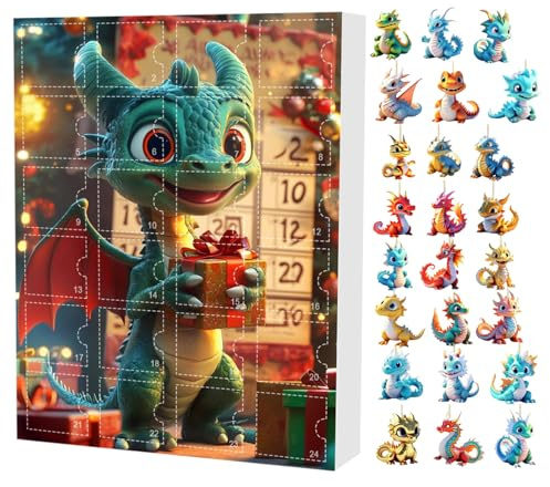 Jul nedräkningskalender – 24 dagar akryl dinosaurie drakprydnad, festlig adventskalender, dekorativ hängande design, samlarobjekt minifigurer, säsongsfirande tillbehör för flickor och pojkar