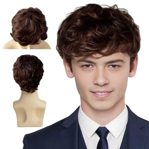 Brown Wigs for Men, Short Mens Wigs Wavy Funny Wig 60s 70s and 80s Fancy Dress Men Party Costume, Natural Looking Fluffy Daily Use Costume Male Toupee Wig Mens