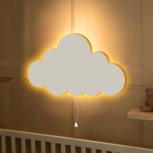 Marco Paul Cloud Night Light for Nursery - White Wooden Wall Mounted Pull Cord Lamp - Battery Operated LED Lighting for Baby Rooms, Children’s Bedroom Decor and Newborn Night Use