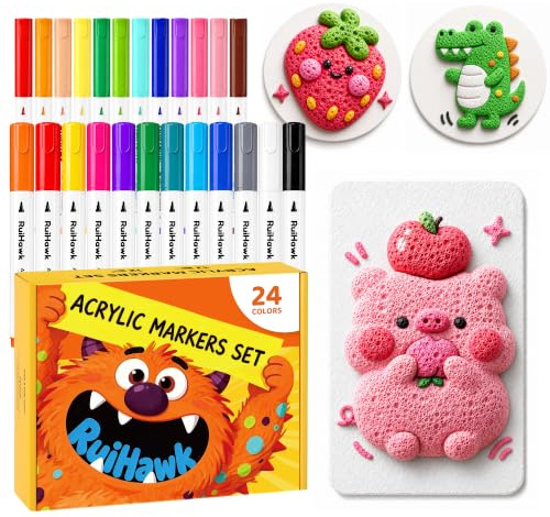 RuiHawk 24-Color Acrylic Paint Markers, 12 Fiber-Tip and 12 Direct Ink Pens | 2 Acrylic Marker Types in 1 Set – Ideal for Broad Coverage and Fine Details, Ready to Use
