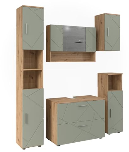 Vicco Meubles Bain Irma, Vert Sauge, 80 cm | composé d’un meuble sous-lavabo, armoire miroir, colonne, demi-colonne et meuble haut