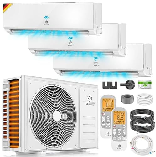 KESSER® Multisplit Climatizzatore 3 unità interne, 27000 BTU, set Climatizzatore split con WiFi/app, riscaldamento e raffreddamento, inverter, modalità Eco, deumidificatore e ventilatore, molto