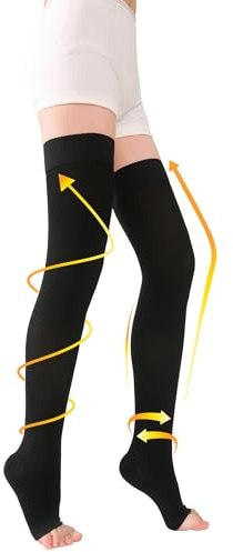 TOFLY Oberschenkel Kompressionsstrümpfe mit Offener Spitze, Medizinische Klasse Kompression Socken 20-30 mmHg (Klasse KKL II CCL 2), Abgestufte Stützstrümpfe mit Silikonband, 1 Paar Schwarz XXL