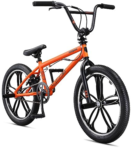 Mongoose Legion Mag Kids Freestyle Sidewalk BMX Bike, Beginner Riders, Girls and Boys, 20-Inch Stylish Aluminum Mag Wheels With 4 Axle Pegs, Hi-Ten Steel Frame, Micro Drive 40x16T BMX Gearing, Orange