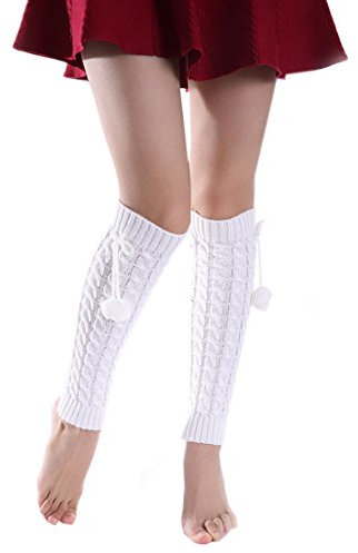 ACVIP Damen Frauen Lang Gestrickt Beinwärmer Stulpen Strickstulpen Bein Stulpen mit Bommeln(Weiß)