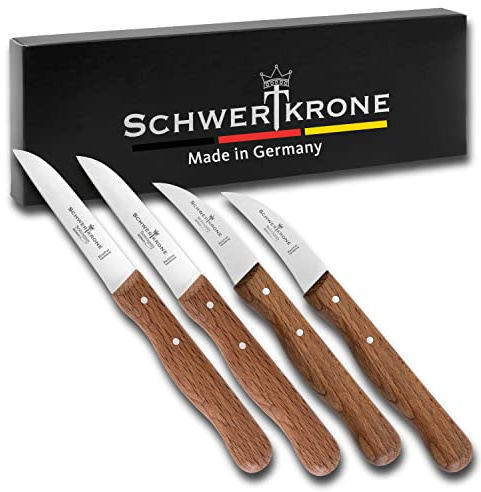 Schwertkrone 2er- oder 4er-Set gebogene Vogelschnabel- und gerade Gemüsemesser mit Buchenholzgriff, rostfrei