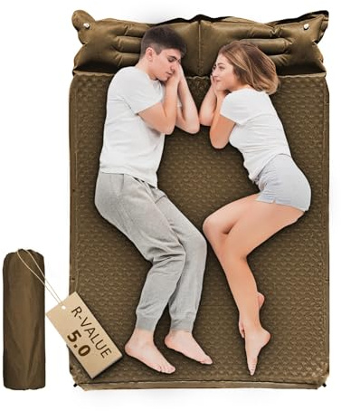 WILD FUN Double Sleeping Pad, 2in Camping Mattress 2 Person with Pillow, 5R Suede Insulated Self Inflating Camping Pad, Air Mattress Inflatable Sleeping Mat for Backpacking,Hiking(Khaki)