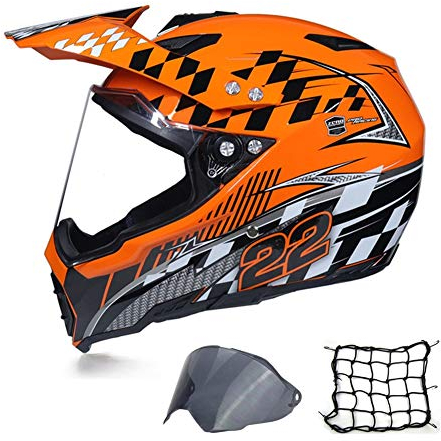 MRDEAR Motorradhelm, Motorrad Crosshelm/ UV-Schutz/ Motorrad Netz, EnduroHelm mit Visier, Fullface Motocross BMX Helm Set Off Road MTB Quad Downhill Helm für Damen Herren,Orange,XXL
