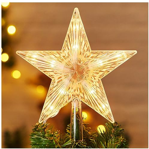 Christmas Tree Topper Lighted Star with Built-in 10 Replaceable Bulbs, 9.5” Clear Five-Pointed Star Tree Topper Plug in for Indoor Office Xmas New Year Holiday Tree Decoration, Warm White