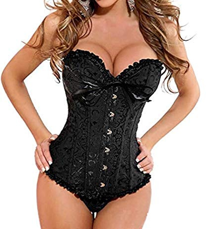 Cicilin Corsé Top Overbust Bustier Vintage Lace Up Burlesque con Tanga, Negro -, M