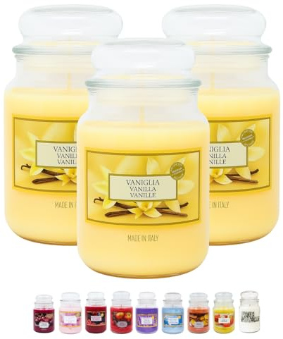 Virsus Candele profumate in Giara Grande, Set da 3 Candele in Vasetto di Vetro da 510 grammi, Profumo Relax per Interno (Vaniglia)