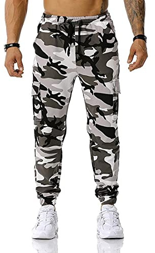 BBTRE - Pantaloni mimetici da uomo mimetici, pantaloni della tuta da jogging, pantaloni militari con cerniera, tasche per allenamento in palestra Grigio M
