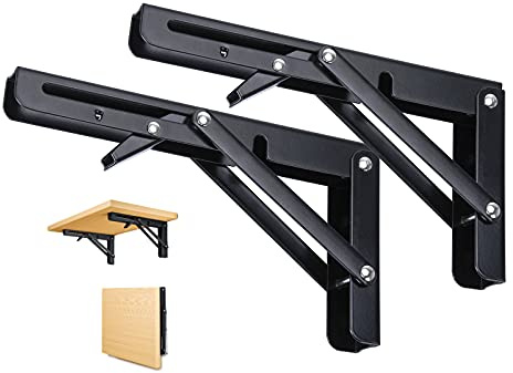 2 Pièces Support d' Étagères Pliable, 200mm Équerre Pliante Noir Support Console Pliants, Murale Supports Pliante, Pour Table Etagere Murale Garage Cuisine Chambre Bureau, Gain de place, 50 KG Porteur