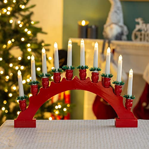 The Christmas Workshop 71169 Red Arched Wooden Candle Bridge with Candle Holders / 10 Warm White LEDs/Indoor Christmas Decoration / 48cm x 34.5cm x 5cm / Battery Powered