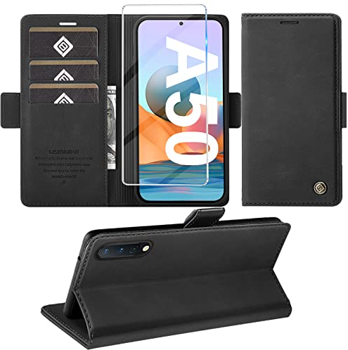 Handyhülle für Samsung Galaxy A50 Hülle mit Schutzfolie, Standfunktion Kartenfach Wallet Premium Leder Schutzhülle A50/A30S Flip Case Cover Stoßfeste Klapphülle A50/A30S 6,4 Zoll (Schwarz)