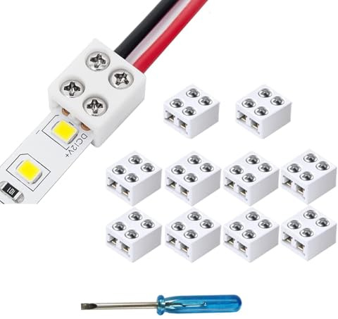 YUTOKEER 10 unidades, 2 pines, 10 mm, sin soldadura, tira LED, conector de tornillo, para tiras de luces de cinta a cable, 5 V, 12 V, 24 V, incluye destornillador