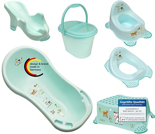 KiNDERWELT Juego de 6 piezas Funny Farm aqua para bebés – Bañera, asiento de baño, olla, asiento de inodoro, taburete, cubo de pañales, manguera de desagüe