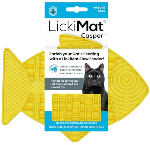 LICKIMAT Casper, Fish-Shaped Cat Slow Feeders for Feline Boredom and Anxiety Reduction; Perfect for Food, Treats and Anxiety Reduction, Yellow
