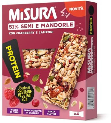 Misura Protein Barretta con Semi, Mandorle, Cranberry e Lamponi| Ricca di Fibre e fonte di Proteine Vegetali | Packaging esterno in Carta Certificata FSC| Confezione da 120 grammi