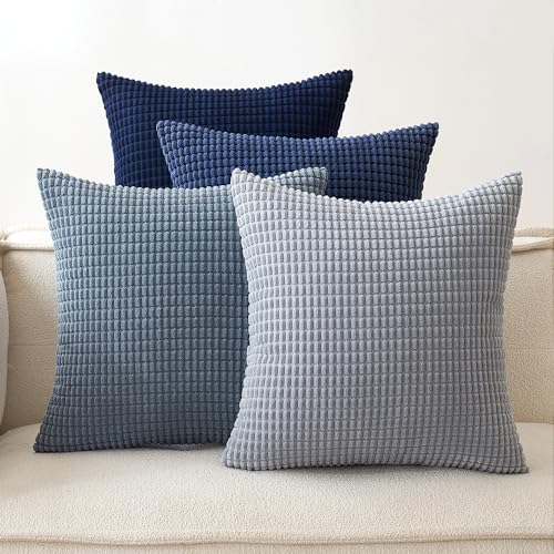 EMEMA Kordsamt Kissenbezug 4er Set Dekokissen Granulat Sofakissen Dekorative Kissenbezüge Couchkissen Kissenhülle Weich Kissen Bezug Zierkissen für Sofa Couch Wohnzimmer 40x40 cm Dunkelblau Serie