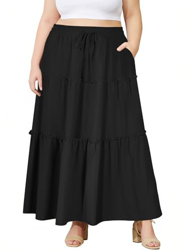 Moon Wood Jupe Longue Femme Ete Elastique Taille Haute Jupe Plissée avec Poches A-Ligne Maxi Skirt de Plage Grande Taille Noir XXL