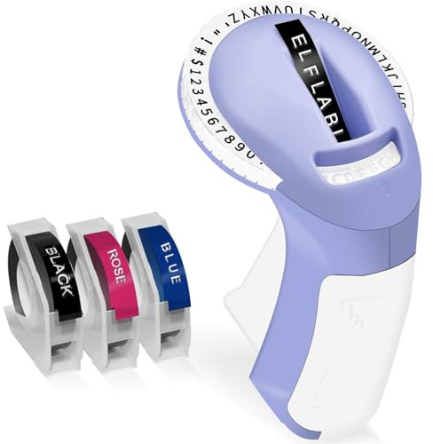 Elfatech prägling etikettmaskin med 3 band, 3D Omega S vintage 3D-präglare, gammaldags handhållen etikettskrivare, bärbar retro manuell präglad etikett för hem kontor skola gör-det-själv, lila