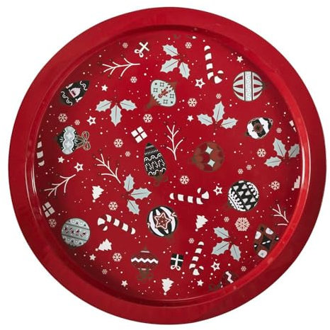 HOME DECO FACTORY, KA0384, Vassoio Decorativo Rotondo in Metallo per Natale, Ideale per servire Piatti e Dolci, Facile da Pulire, Colore Rosso, Misura 30 cm