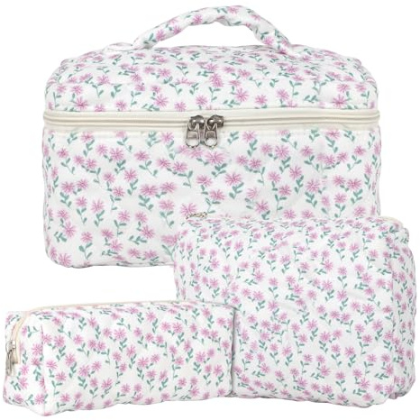 3pcs Beauty Case da Viaggio Donna, Cotone Grande Borsa Cosmetica da Viaggio, Floreale Trousse Trucchi Donna, Borsa Porta Trucchi da Toilette Makeup Bag Organizer per Donne e Ragazze